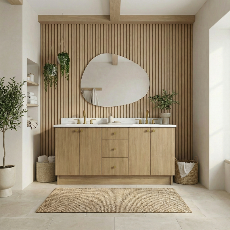 72" Sahara Oak European Vanity with Quartz Top – Double Sink