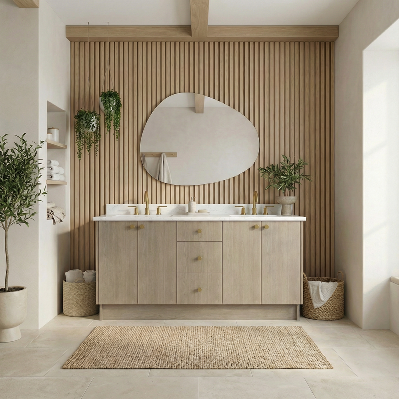 72" Manhattan Oak European Vanity with Quartz Top – Double Sink