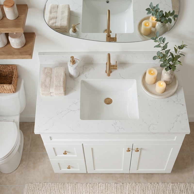42" White Shaker Bathroom Vanity with Quartz Top – Single Sink