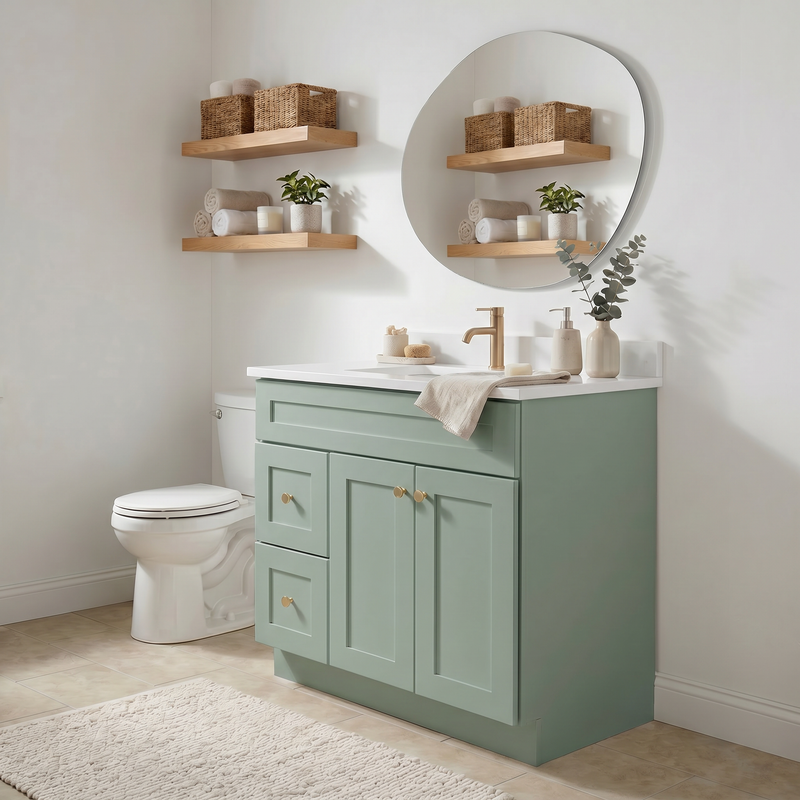 36" Olive Green Shaker Bathroom Vanity with Quartz Top – Single Sink
