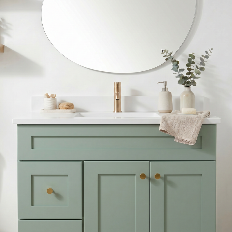 36" Olive Green Shaker Bathroom Vanity with Quartz Top – Single Sink