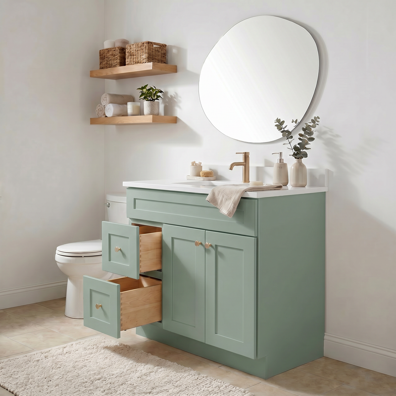 36" Olive Green Shaker Bathroom Vanity with Quartz Top – Single Sink