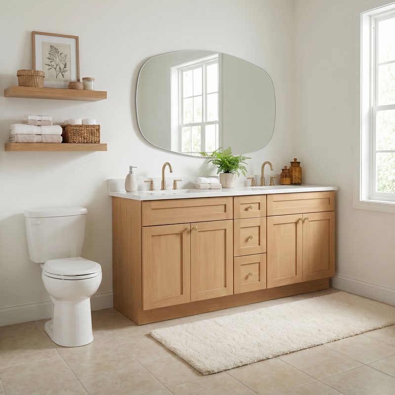 72" White Oak Shaker Bathroom Vanity with Quartz Top – Double Sink