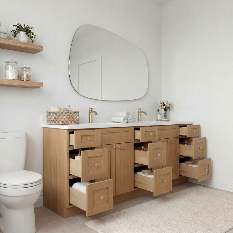 84" White Oak Shaker Bathroom Vanity with Quartz Top – Double Sink