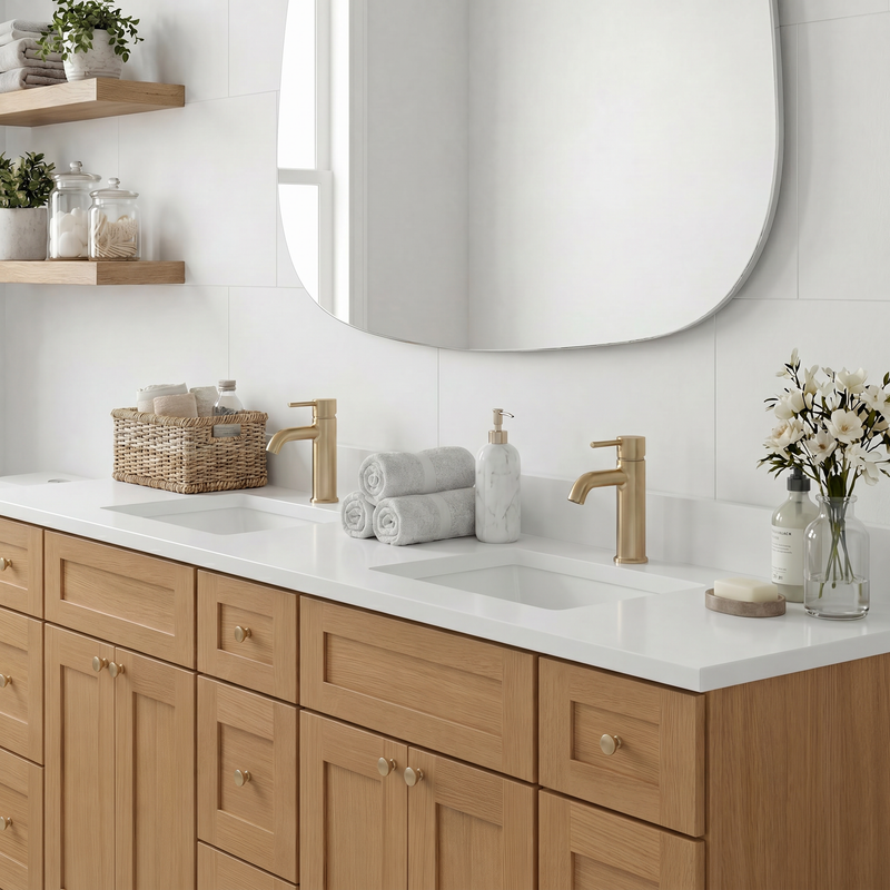 84" White Oak Shaker Bathroom Vanity with Quartz Top – Double Sink