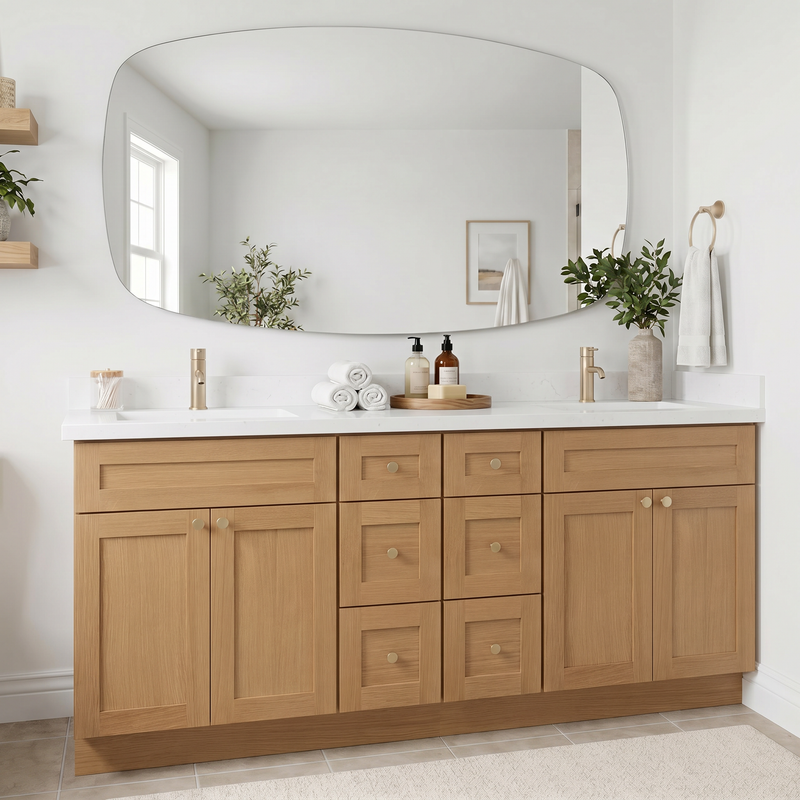 84" White Oak Shaker Bathroom Vanity with Quartz Top – Double Sink