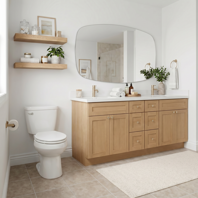84" White Oak Shaker Bathroom Vanity with Quartz Top – Double Sink