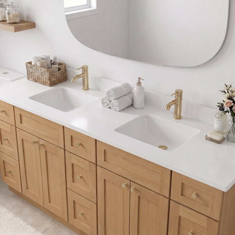 84" White Oak Shaker Bathroom Vanity with Quartz Top – Double Sink