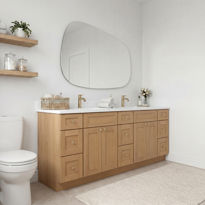 84" White Oak Shaker Bathroom Vanity with Quartz Top – Double Sink
