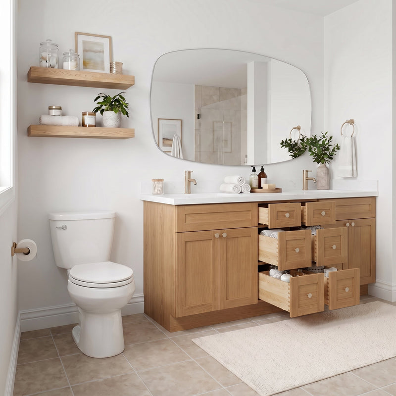 84" White Oak Shaker Bathroom Vanity with Quartz Top – Double Sink