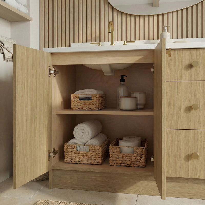 72" Sahara Oak European Vanity with Quartz Top – Double Sink
