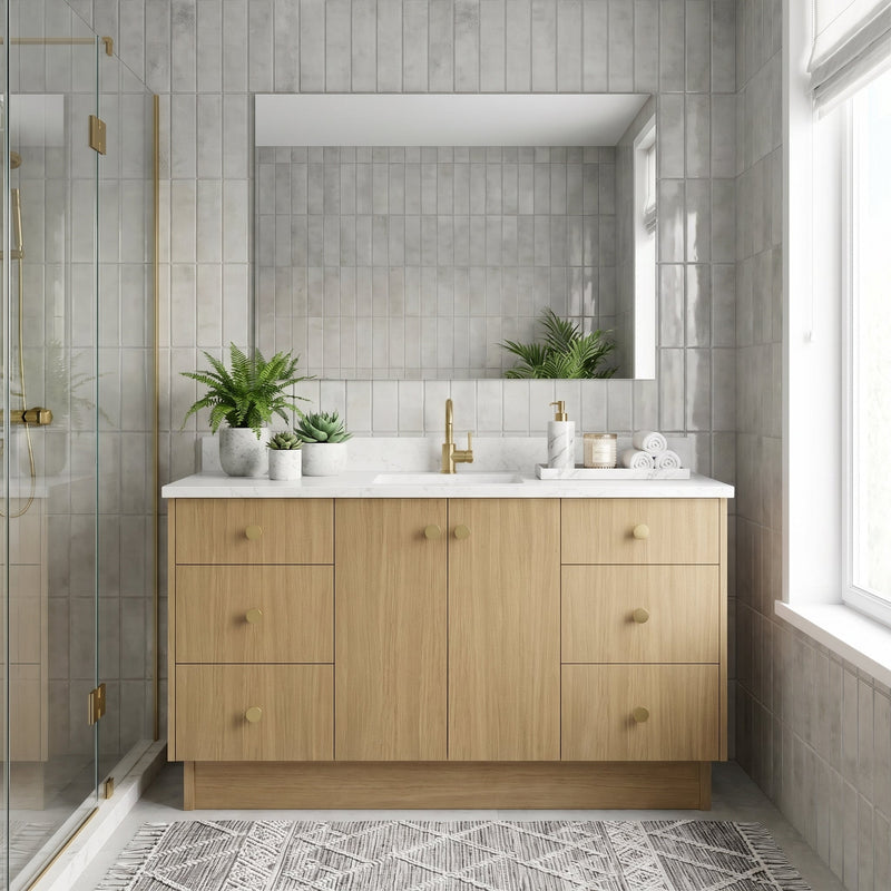 60" Sahara Oak European Vanity with Quartz Top – Single Sink