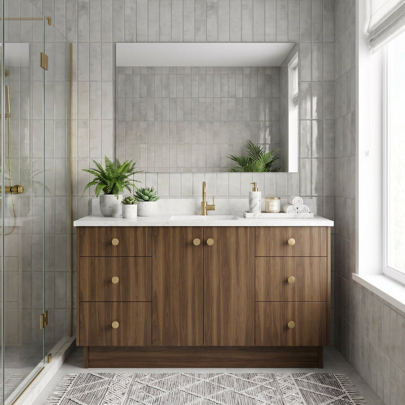 60" Smoked Walnut European Vanity with Quartz Top – Single Sink