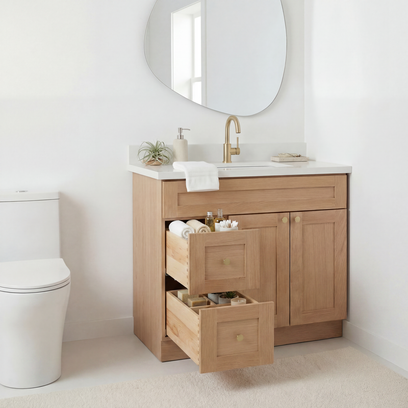 36" White Oak Shaker Bathroom Vanity with Quartz Top – Single Sink