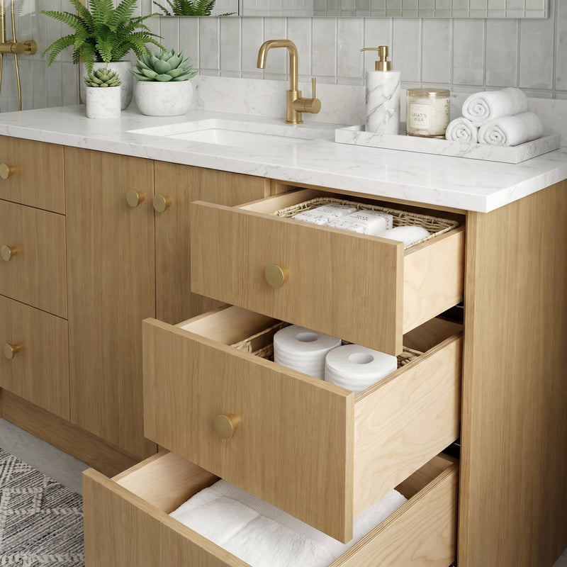 60" Sahara Oak European Vanity with Quartz Top – Single Sink