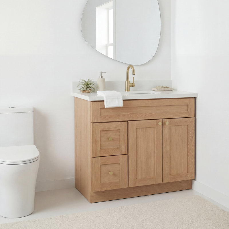 36" White Oak Shaker Bathroom Vanity with Quartz Top – Single Sink