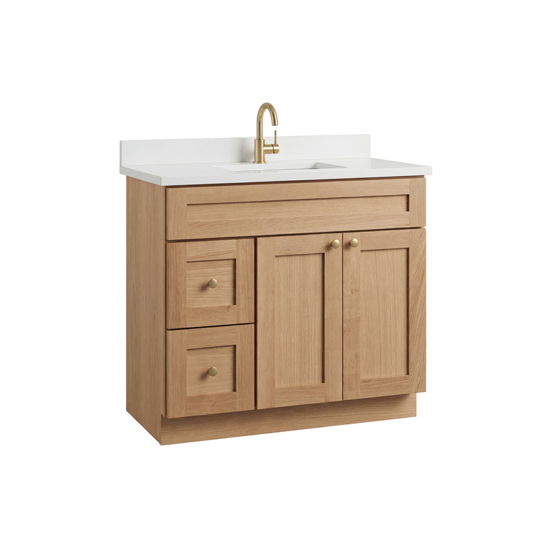 36" White Oak Shaker Bathroom Vanity with Quartz Top – Single Sink