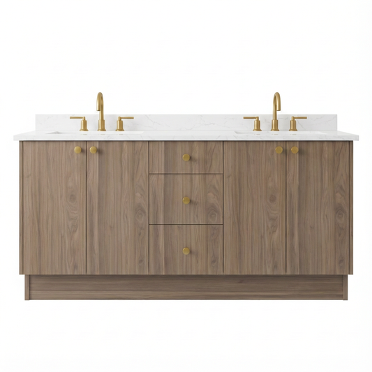 72 inch Frozen Walnut European frameless double sink vanity with quartz top, front view on white background