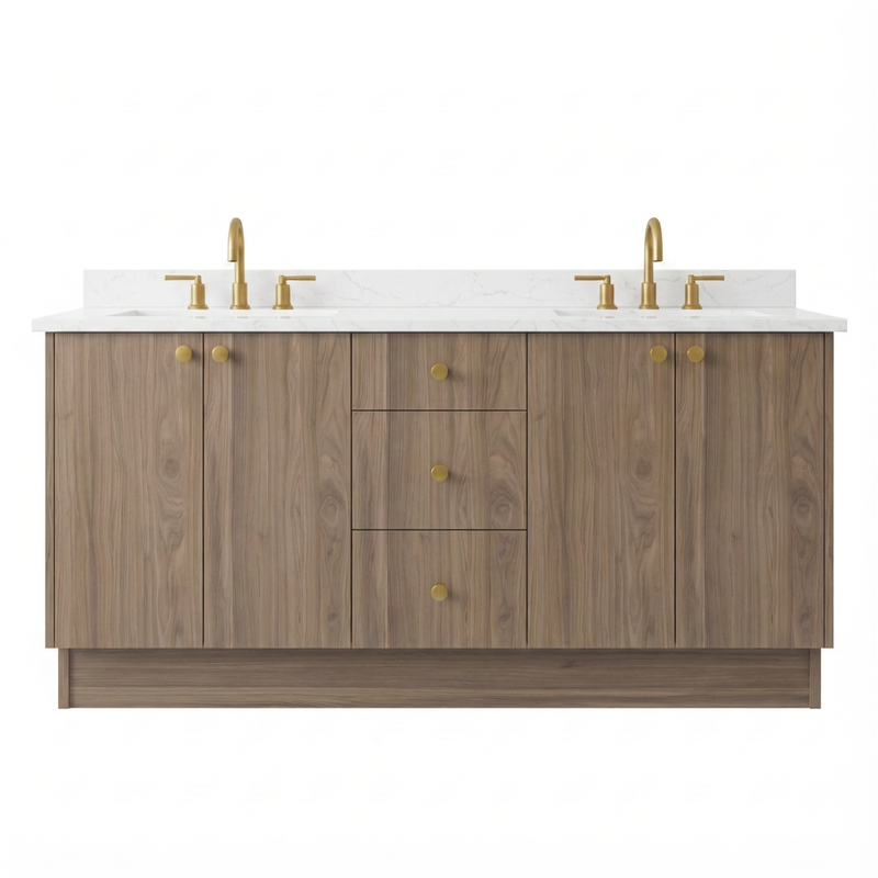 72" Frozen Walnut European Vanity with Quartz Top – Double Sink