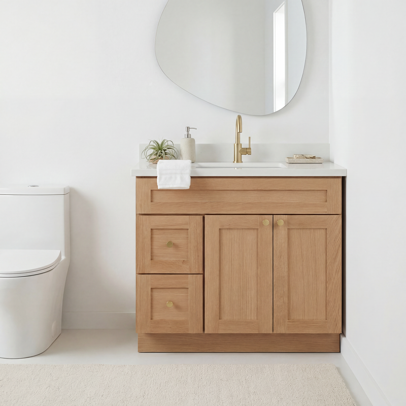36" White Oak Shaker Bathroom Vanity with Quartz Top – Single Sink