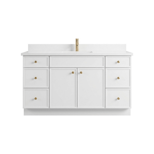 60" White Slim Shaker Bathroom Vanity with Quartz Top – Single Sink
