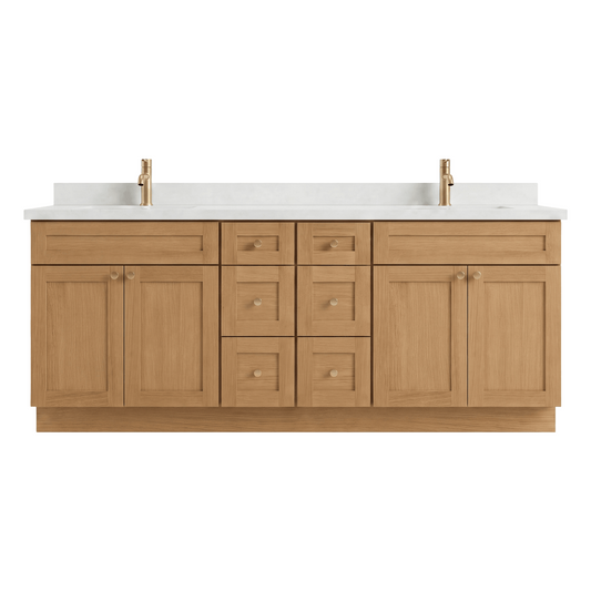 84" White Oak Shaker Bathroom Vanity with Quartz Top – Double Sink