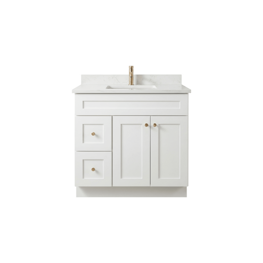 36" White Shaker Bathroom Vanity with Quartz Top – Single Sink