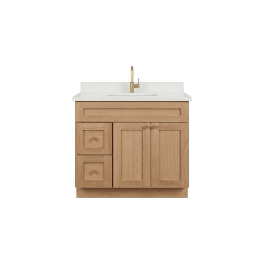 36" White Oak Shaker Bathroom Vanity with Quartz Top – Single Sink