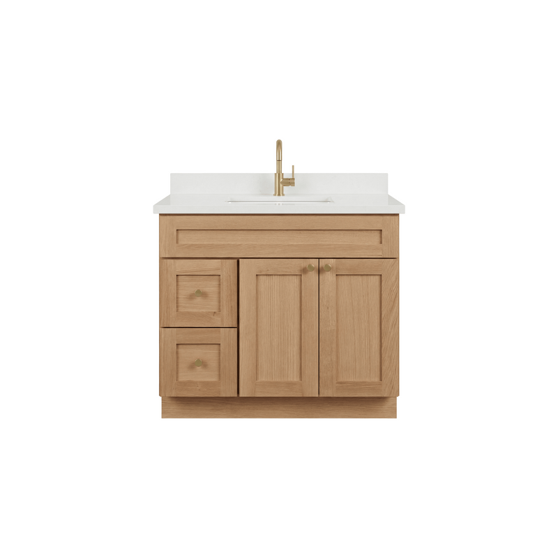 36" White Oak Shaker Bathroom Vanity with Quartz Top – Single Sink