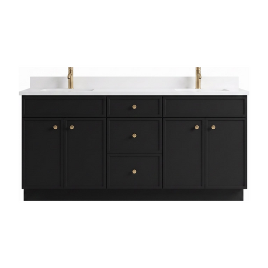 72 inch black slim shaker double sink vanity with white quartz top, front view on white background
