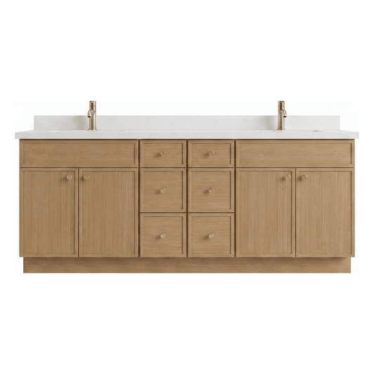 84" White Oak Slim Shaker Bathroom Vanity with Quartz Top – 6 Drawers