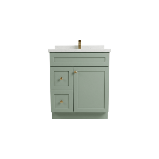 30" Olive Green Shaker Bathroom Vanity with Quartz Top – Single Sink