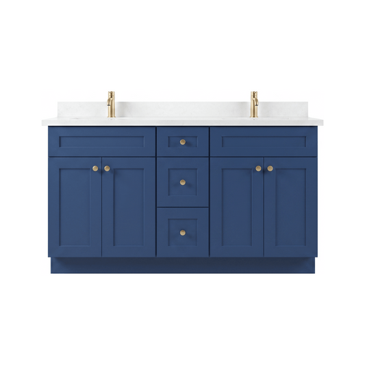 60" Navy Blue Shaker Bathroom Vanity with Quartz Top – Double Sink