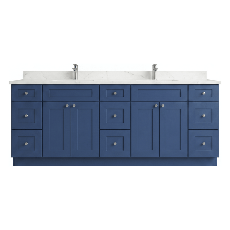 84" Navy Blue Shaker Bathroom Vanity with Quartz Top – Double Sink