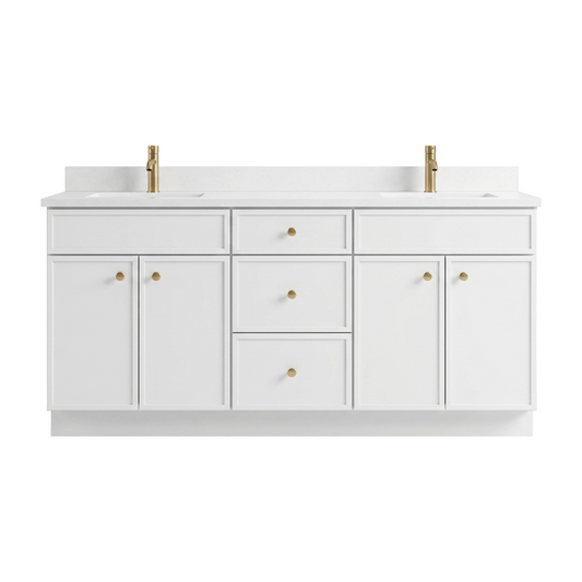 72" White Slim Shaker Bathroom Vanity with Quartz Top – Double Sink