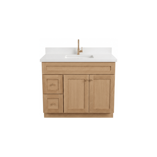 42" White Oak Shaker Bathroom Vanity with Quartz Top – Single Sink