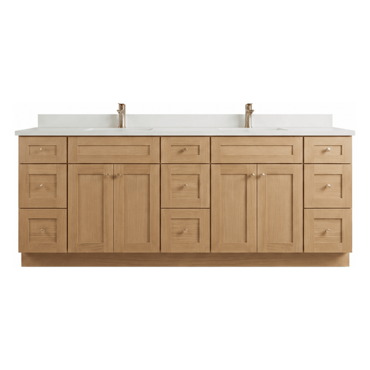 84" White Oak Shaker Bathroom Vanity with Quartz Top – Double Sink