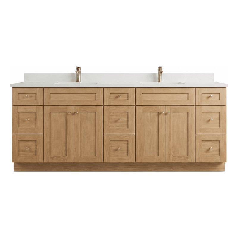 84" White Oak Shaker Bathroom Vanity with Quartz Top – Double Sink