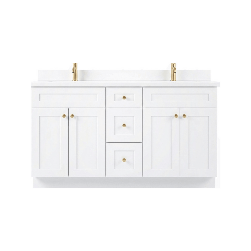 60" White Shaker Bathroom Vanity with Quartz Top – Double Sink