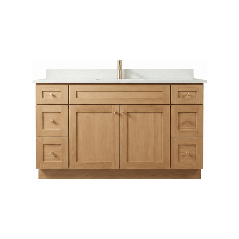 60" White Oak Shaker Bathroom Vanity with Quartz Top – Single Sink