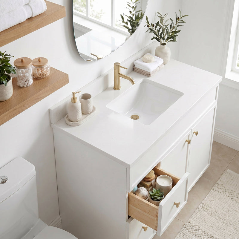 42" White Slim Shaker Bathroom Vanity with Quartz Top