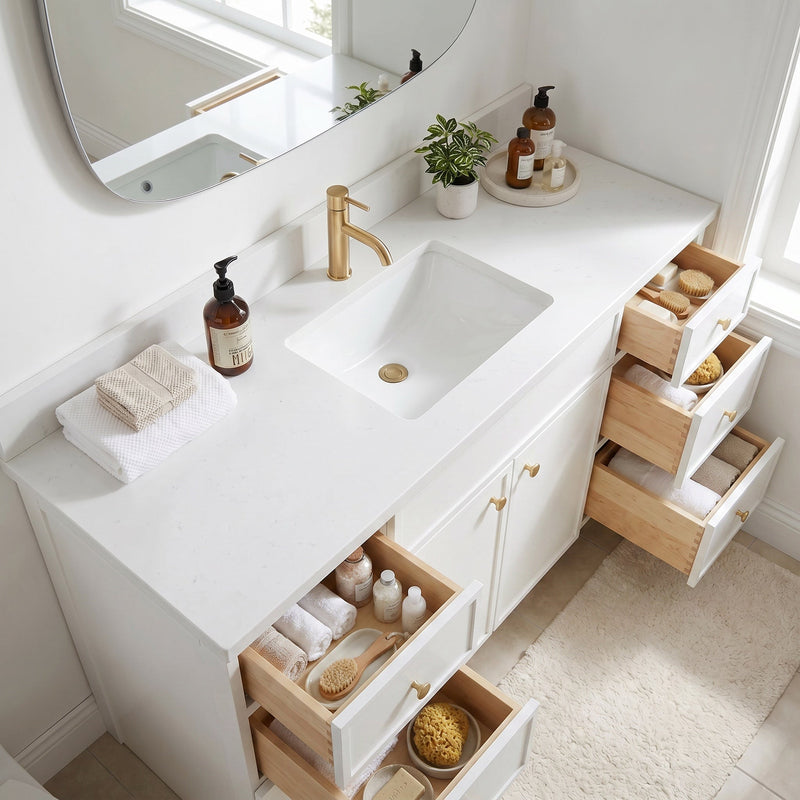 60" White Slim Shaker Bathroom Vanity with Quartz Top – Single Sink