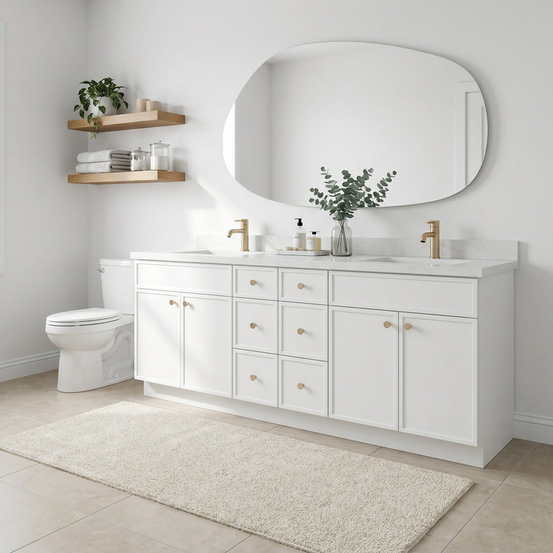 84" White Slim Shaker Bathroom Vanity with Quartz Top – 6 Drawers