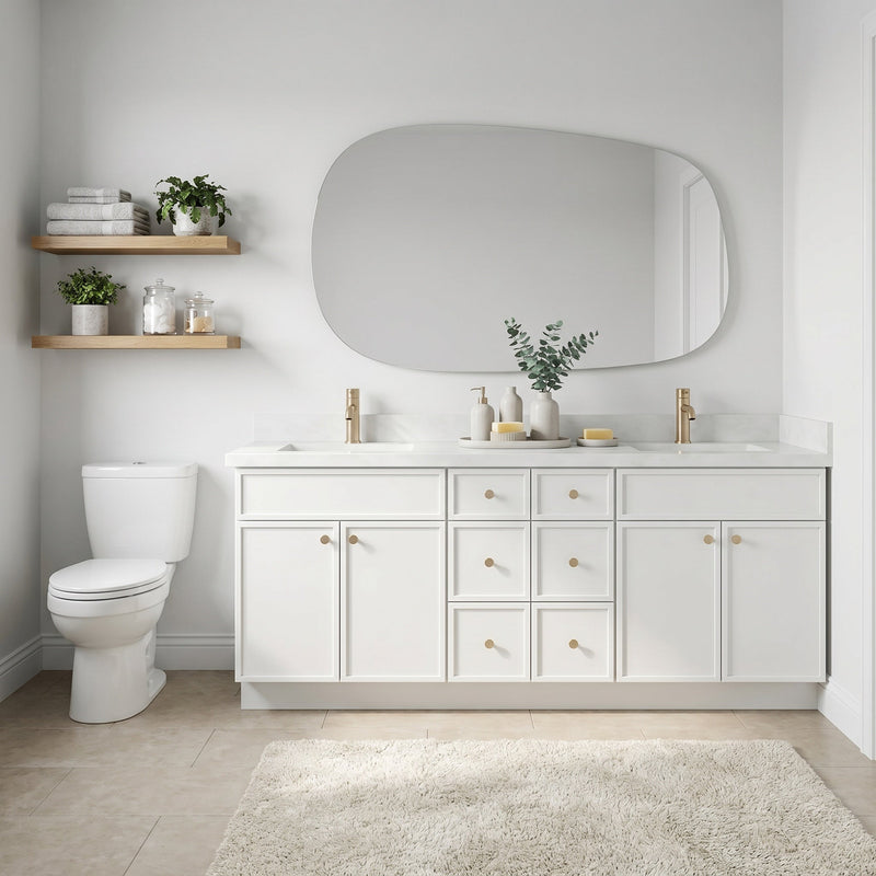 84" White Slim Shaker Bathroom Vanity with Quartz Top – 6 Drawers