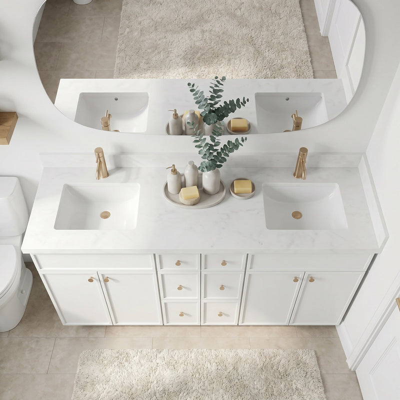 84" White Slim Shaker Bathroom Vanity with Quartz Top – 6 Drawers