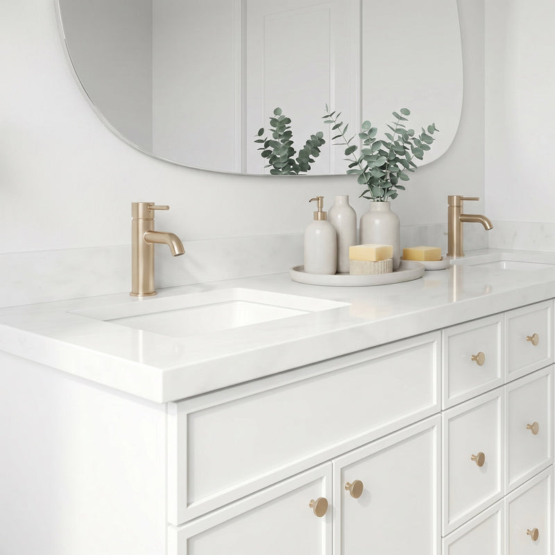 84" White Slim Shaker Bathroom Vanity with Quartz Top – 6 Drawers