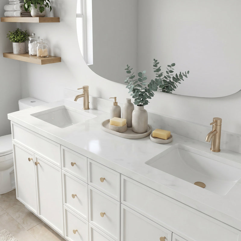 84" White Slim Shaker Bathroom Vanity with Quartz Top – 6 Drawers