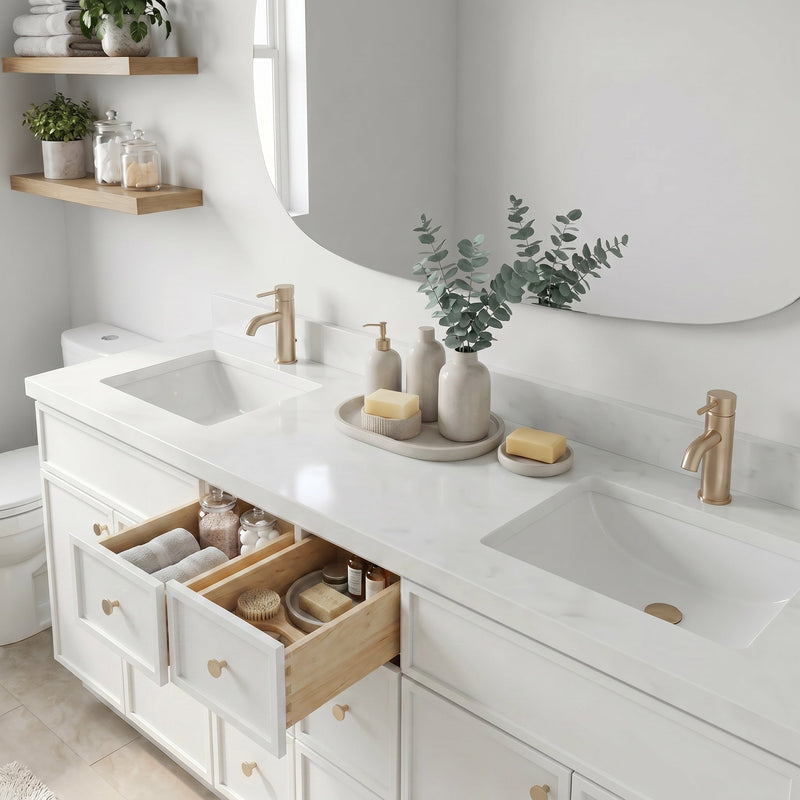 84" White Slim Shaker Bathroom Vanity with Quartz Top – 6 Drawers