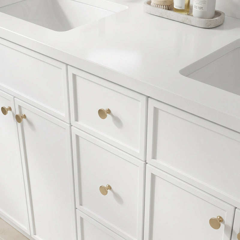 84" White Slim Shaker Bathroom Vanity with Quartz Top – 9 Drawers