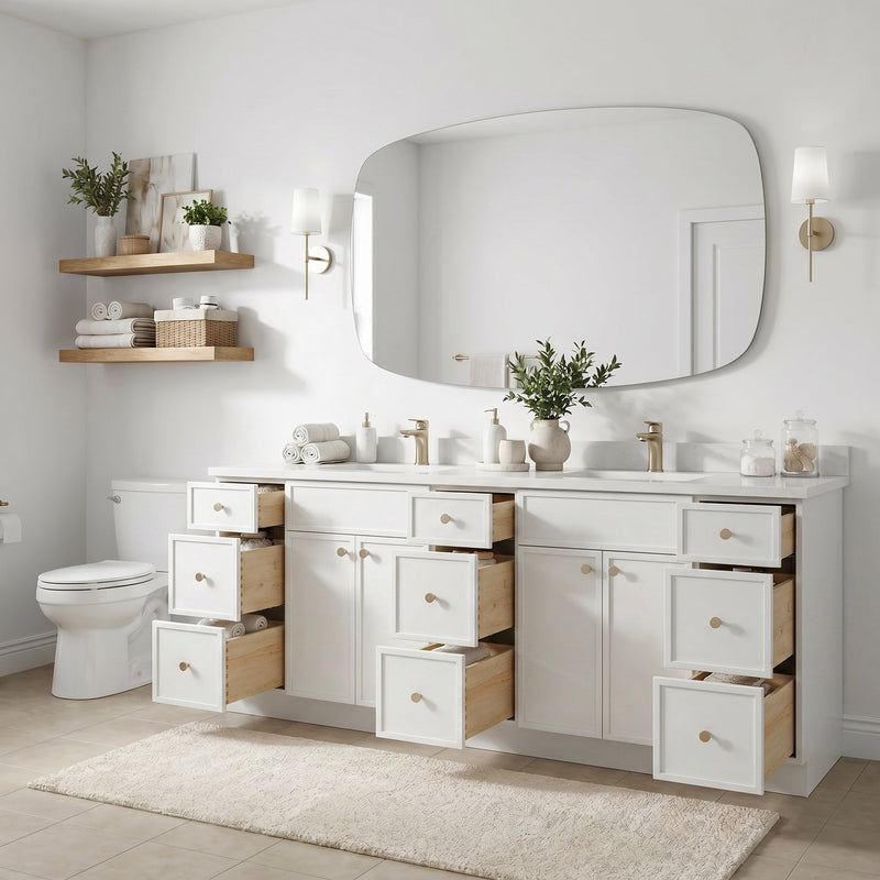 84" White Slim Shaker Bathroom Vanity with Quartz Top – 9 Drawers